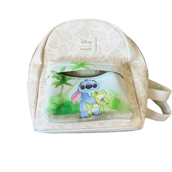 Disney Loungefly Lilo & Stitch Holding A Frog Mini Backpack White Leaf Print - Picture 1 of 7